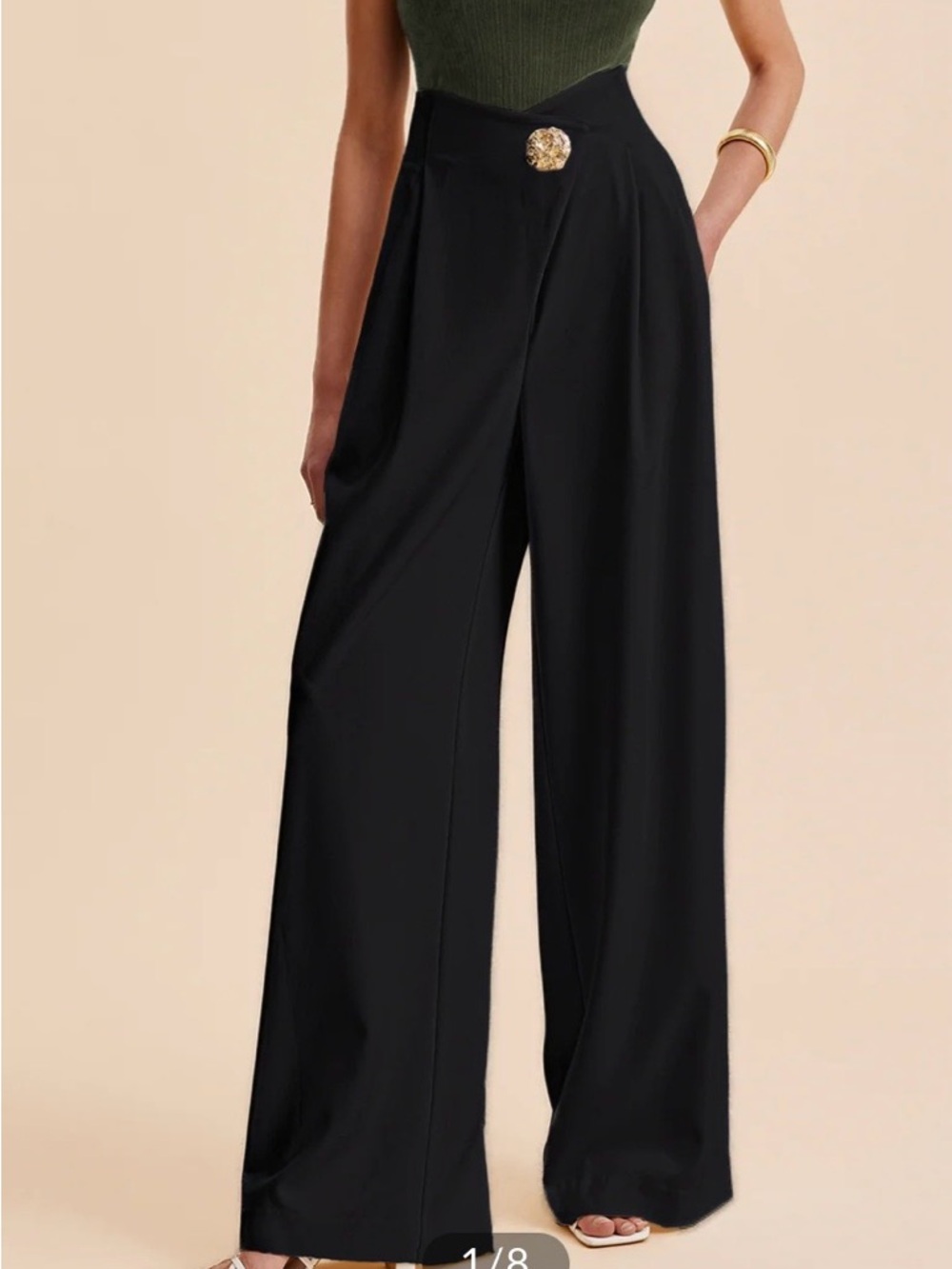 NWTCOMMENSE High-Waist Black Wide-Leg Trousers with Decorative Button-M